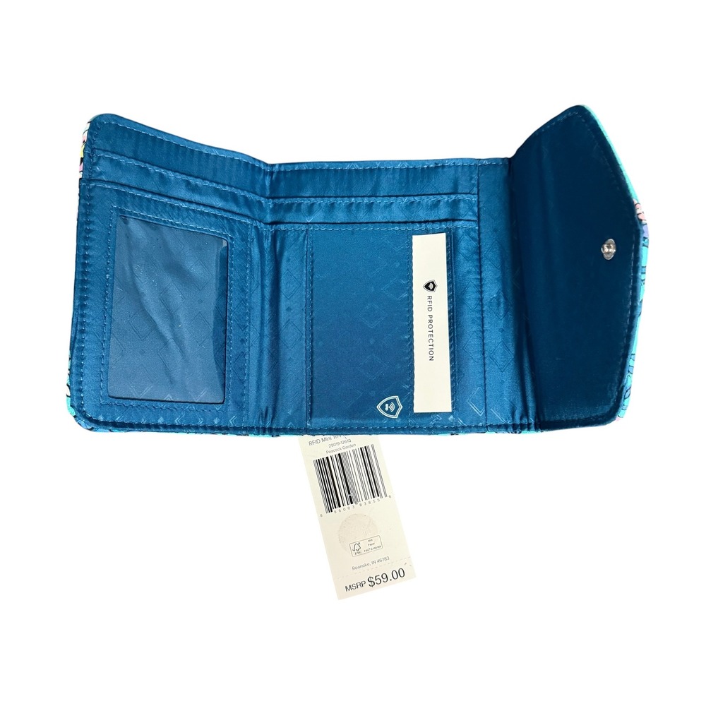 Vera Bradley Peacock Garden RFID Mini Tri-Fold Wallet Teal Quilted Cotton NWT - Picture 4 of 10